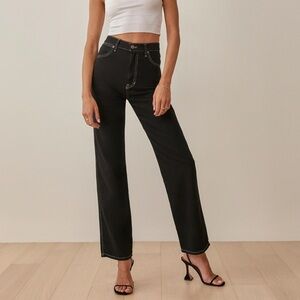 Reformation Cowboy High Rise Straight Black Jeans with White stitching Size 25
